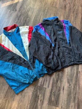 2 Vintage 90s Reebok Windbreaker Jackets (Blue XL, Black L)